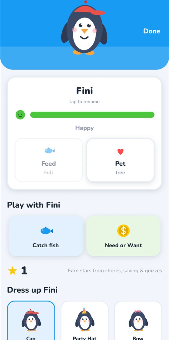 Fini the penguin, mood bar and care buttons